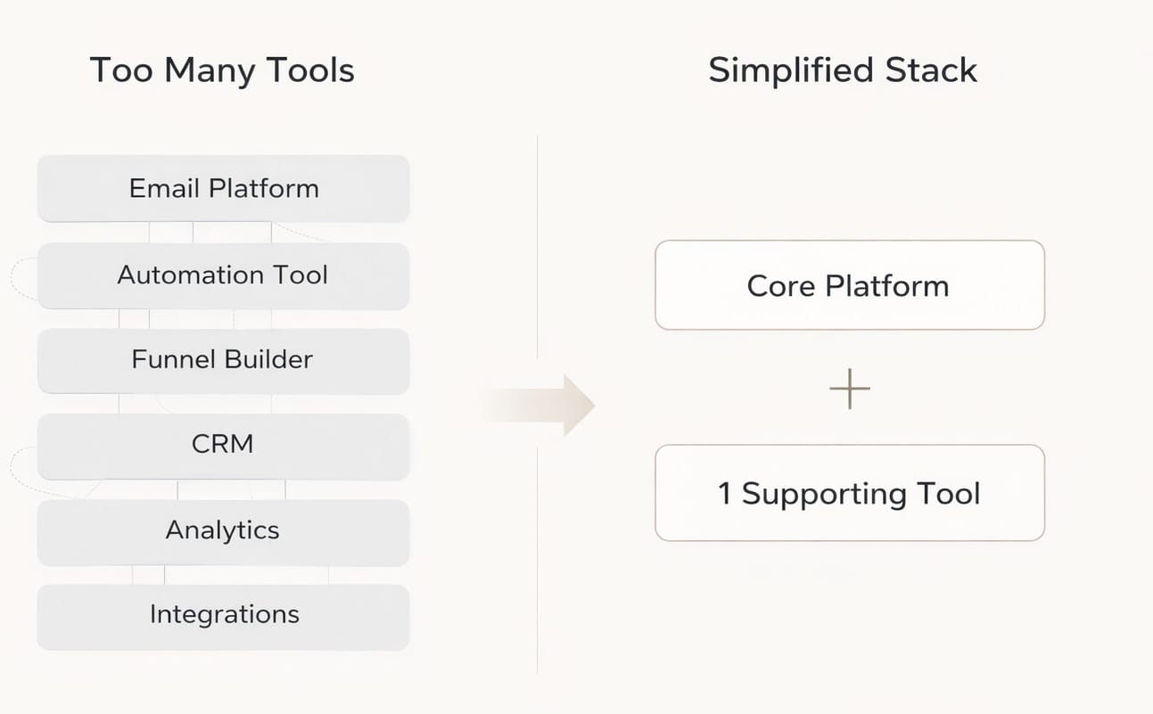 before and after comparison of a simplified martech stack reducing multiple marketing tools into one system